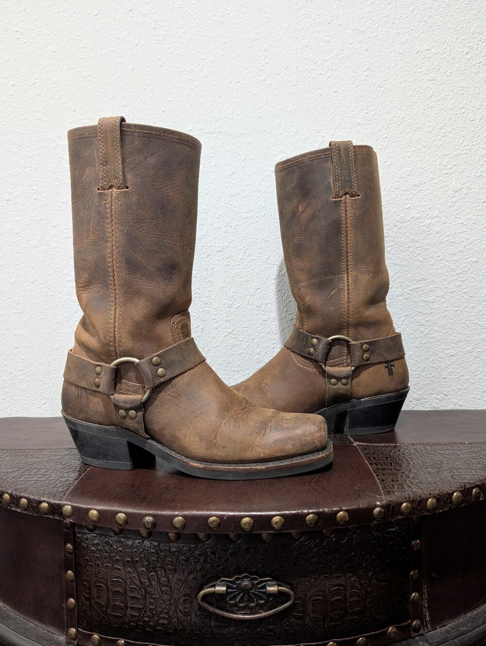 FRYE 12R Harness Brown Leather Mid-Calf Motorcycle Boots Size 9M (Original Box)